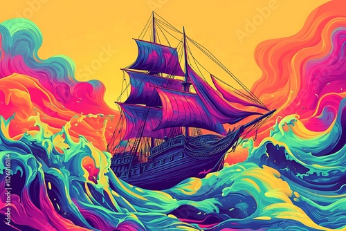 3D Vector Illustration of an Old Ship on Psychedelic Waves with Surreal Aesthetic