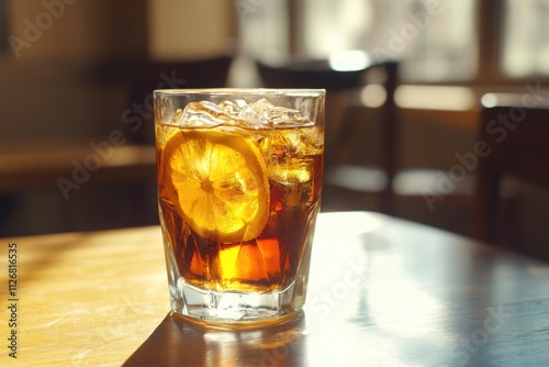 Glass of tea with a slice of lemon in it. The glass is half full and the lemon slice is floating in the tea. Concept of relaxation and enjoyment, as the drink is a simple yet refreshing beverage