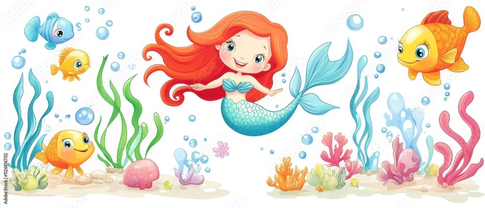 Fototapeta premium Adorable Little Mermaid Swimming with Colorful Fish in Vibrant Underwater Scene