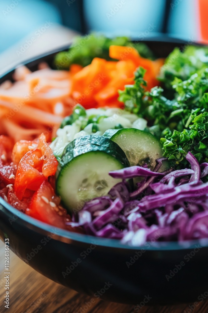 Bowl of colorful vegetables including tomatoes, cucumbers, and carrots. The bowl is black and placed on a wooden table Bowl of colorful vegetables including tomatoes, cucumbers, and carrots. The bowl is black and placed on a wooden table
