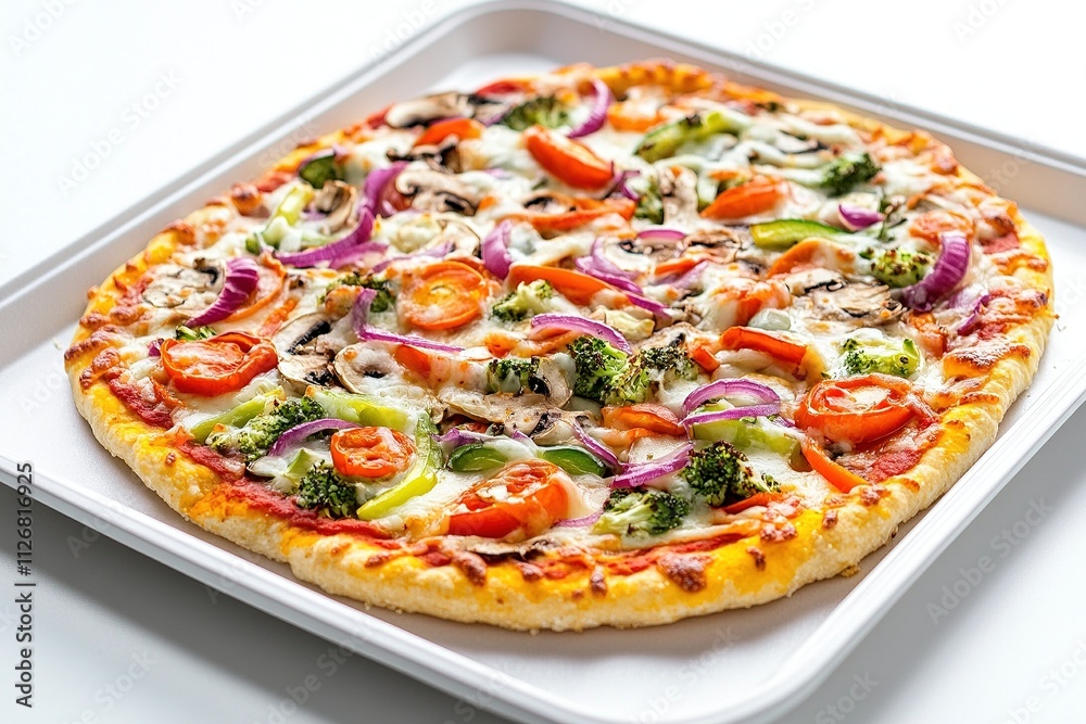 A cauliflower pizza crust topped with fresh vegetables and cheese. A cauliflower pizza crust topped with fresh vegetables and cheese.