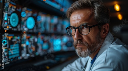 Serious Medical Professional Analyzes Patient Data on Multiple Screens in a Modern Hospital.