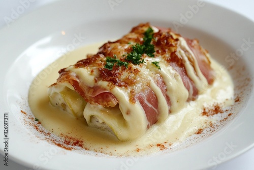 Belgian chicon au gratin (endive wrapped in ham and drizzled with béchamel sauce) on a clean white plate.