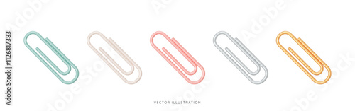 3D Paper clip emoji icon set. Office paperclip in blue, pink, gold, silver and beige colors. School supplies. Stationery elements. Cartoon design objects isolated on white. 3D Vector Illustration