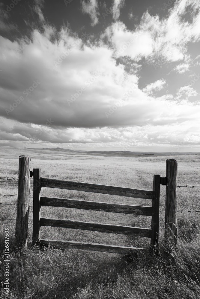 Fototapeta premium Gate is open in a field with a cloudy sky in the background. The gate is wooden and has a rustic appearance. The scene is peaceful and serene, with the gate serving as a gateway to the open field