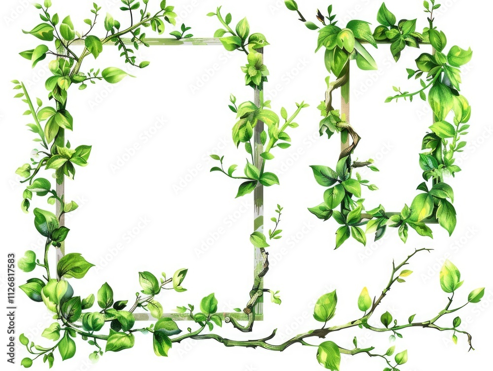 Frame of green leaves surrounds a white frame. The frame is made of vines and branches. The frame is made of natural materials and gives a sense of growth and life Frame of green leaves surrounds a white frame. The frame is made of vines and branches. The frame is made of natural materials and gives a sense of growth and life