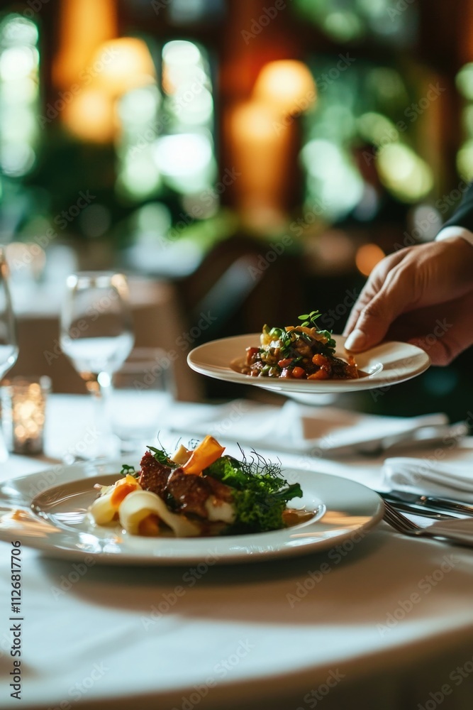 Person is holding two plates of food, one of which has a carrot on it. The plates are on a table with a white tablecloth and a few other items such as wine glasses, forks, and knives
