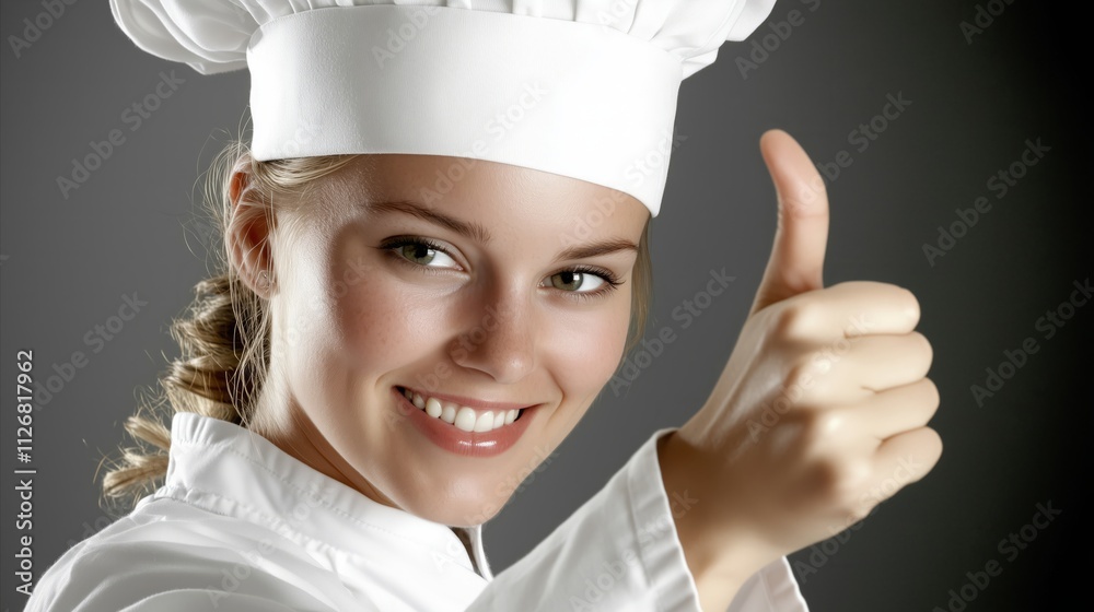 Woman wearing a chef's hat and a white shirt