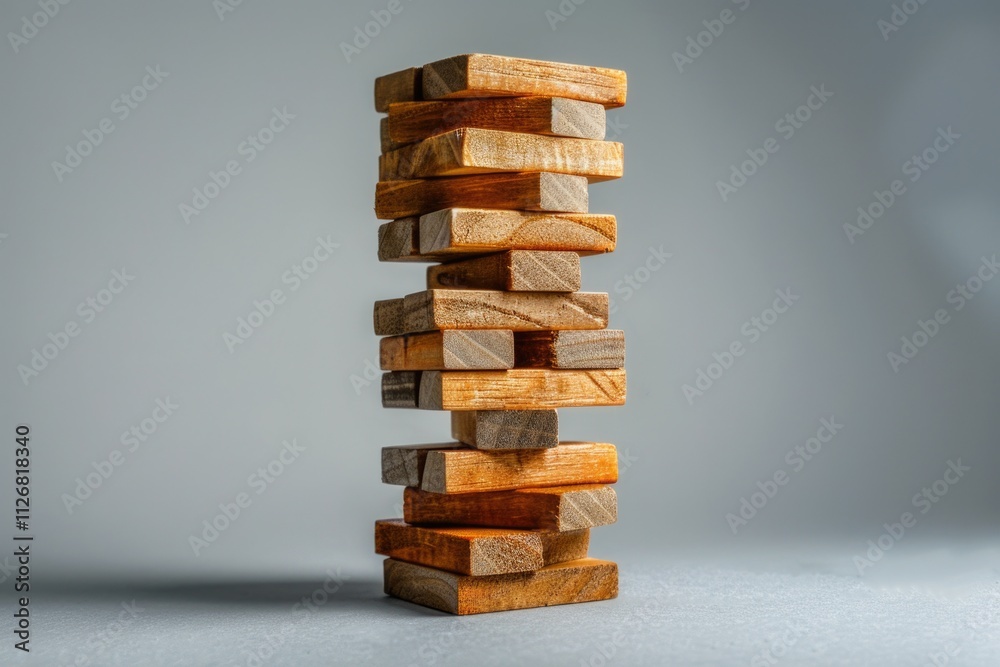 Stack of wooden blocks with one of them missing. The blocks are stacked on top of each other, creating a tower. The missing block creates a sense of instability and imbalance