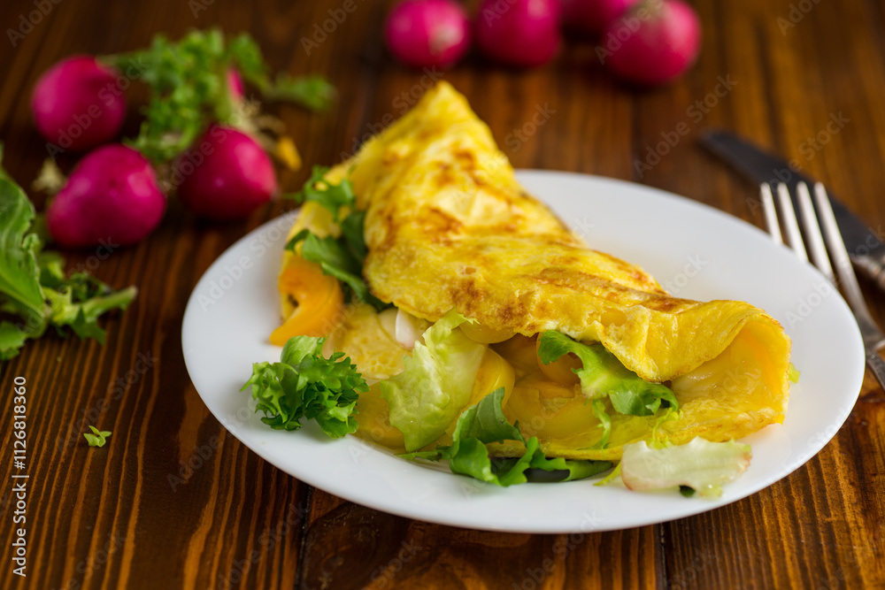 egg roll with sweet pepper and salad, on a wooden table egg roll with sweet pepper and salad, on a wooden table
