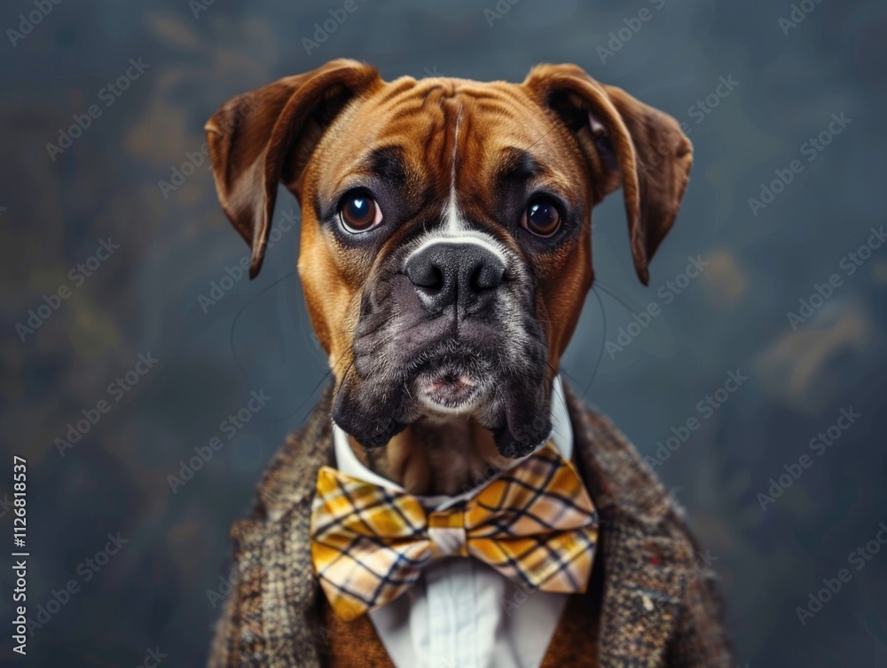 Fototapeta premium Brown dog wearing a yellow bow tie and a jacket. The dog has a serious expression on its face