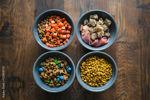 Four bowls of different types of food, including dog food and candy. The bowls are arranged on a wooden table