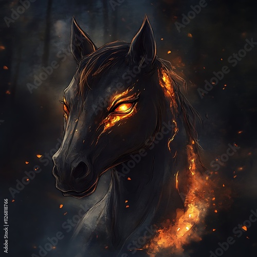Beautiful Fire Horse with Glowing Effect in Fantasy Style on a Black Background