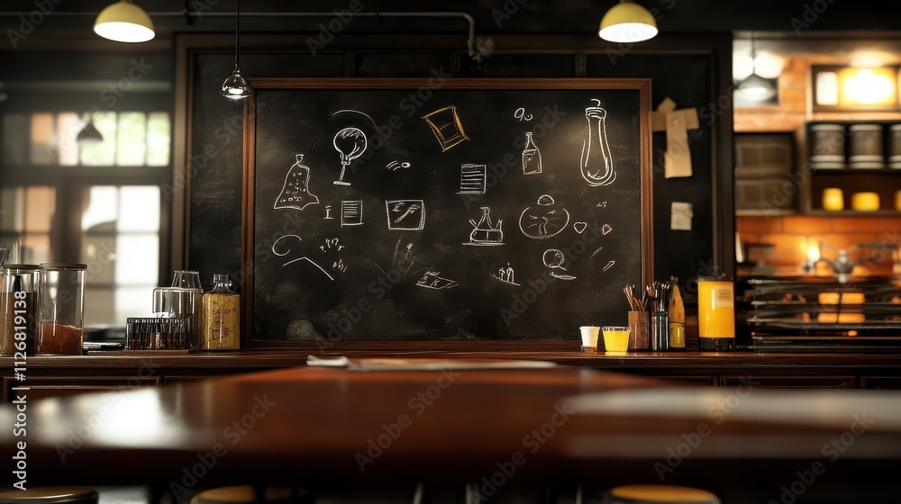 Artistic chalkboard with hand-drawn sketches of science tools and concepts in a cozy café setting, inviting creativity and inspiration for students and professionals alike Artistic chalkboard with hand-drawn sketches of science tools and concepts in a cozy café setting, inviting creativity and inspiration for students and professionals alike