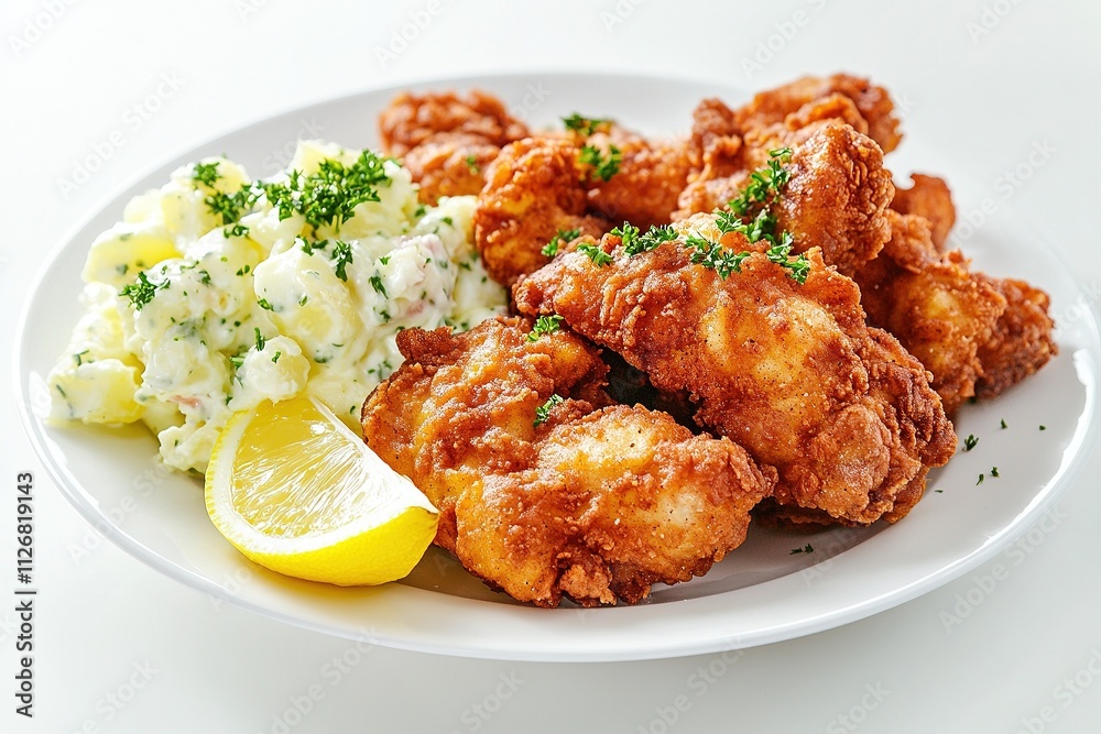 A plate of golden backhendl (Austrian fried chicken) served with a side of potato salad and lemon wedge, garnished with parsley. A plate of golden backhendl (Austrian fried chicken) served with a side of potato salad and lemon wedge, garnished with parsley.