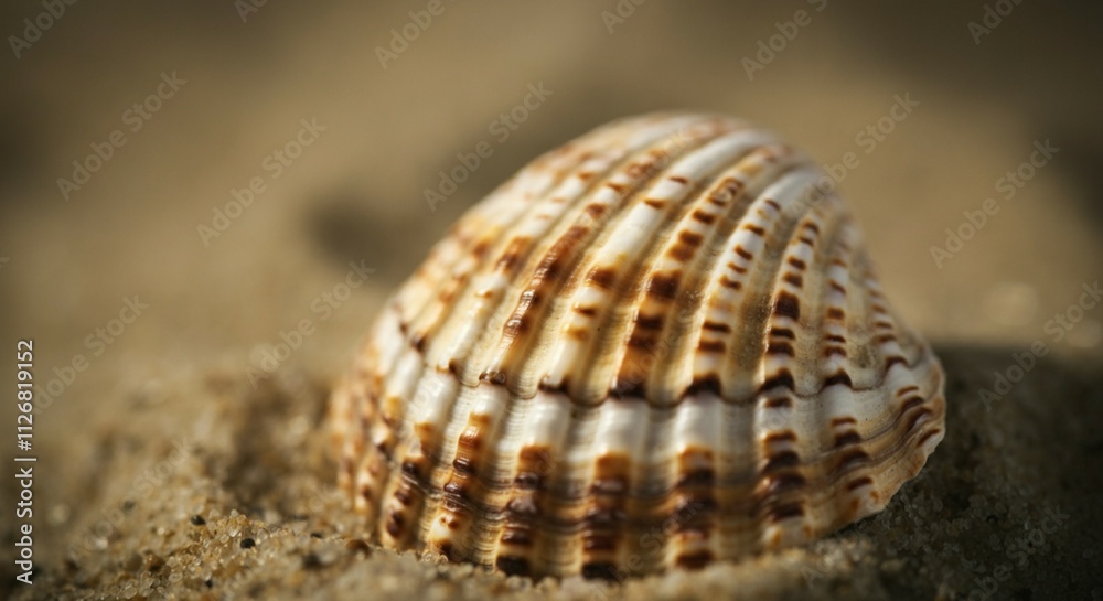 Close-Up of Seashell: Intricate Patterns and Smooth Pearly Surface on Sandy Background Close-Up of Seashell: Intricate Patterns and Smooth Pearly Surface on Sandy Background