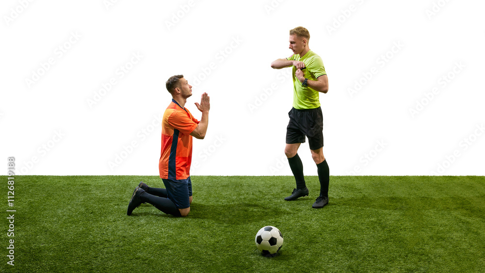 Obraz premium Man, soccer player in orange uniform standing on knees and holding hands in praying gesture towards referee ready to show card. Concept of sport, fair play, competition, control, rules