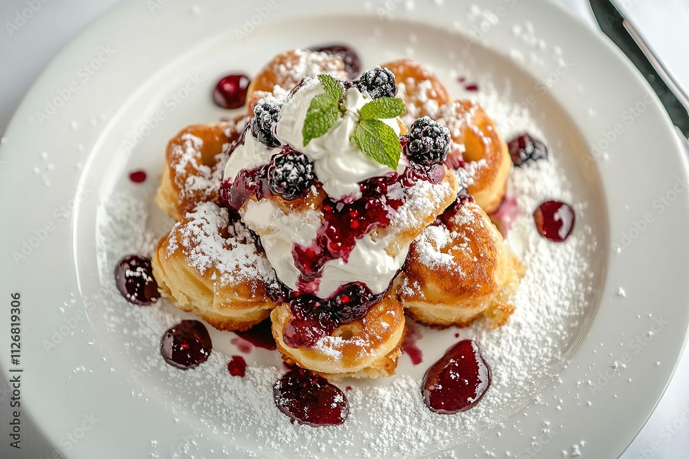 Romanian papanasi (fried donuts) topped with sour cream and berry jam. Romanian papanasi (fried donuts) topped with sour cream and berry jam.