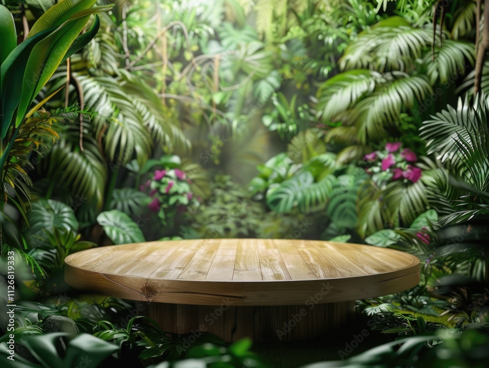 Wooden round table is in a jungle setting with lots of green foliage. The table is empty and surrounded by plants Wooden round table is in a jungle setting with lots of green foliage. The table is empty and surrounded by plants