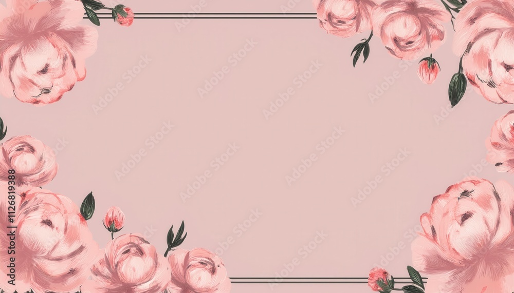 Obraz premium Elegant Blush Pink Floral Frame with Painted Roses and Buds on Soft Pastel Background, Perfect for Valentine's Day, Mother's Day, Spring Invitations, or Easter Greetings with Copy Space