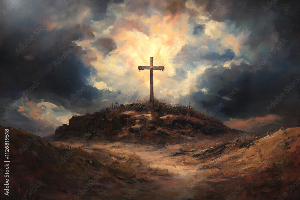 Holy cross symbolizing the death and resurrection of Jesus Christ with The sky over Golgotha Hill is shrouded in light and clouds Holy cross symbolizing the death and resurrection of Jesus Christ with The sky over Golgotha Hill is shrouded in light and clouds
