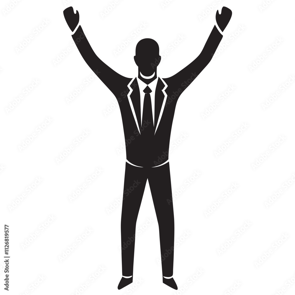 A men standing upright with arms raised in triumph, expressing joy and victory A men standing upright with arms raised in triumph, expressing joy and victory