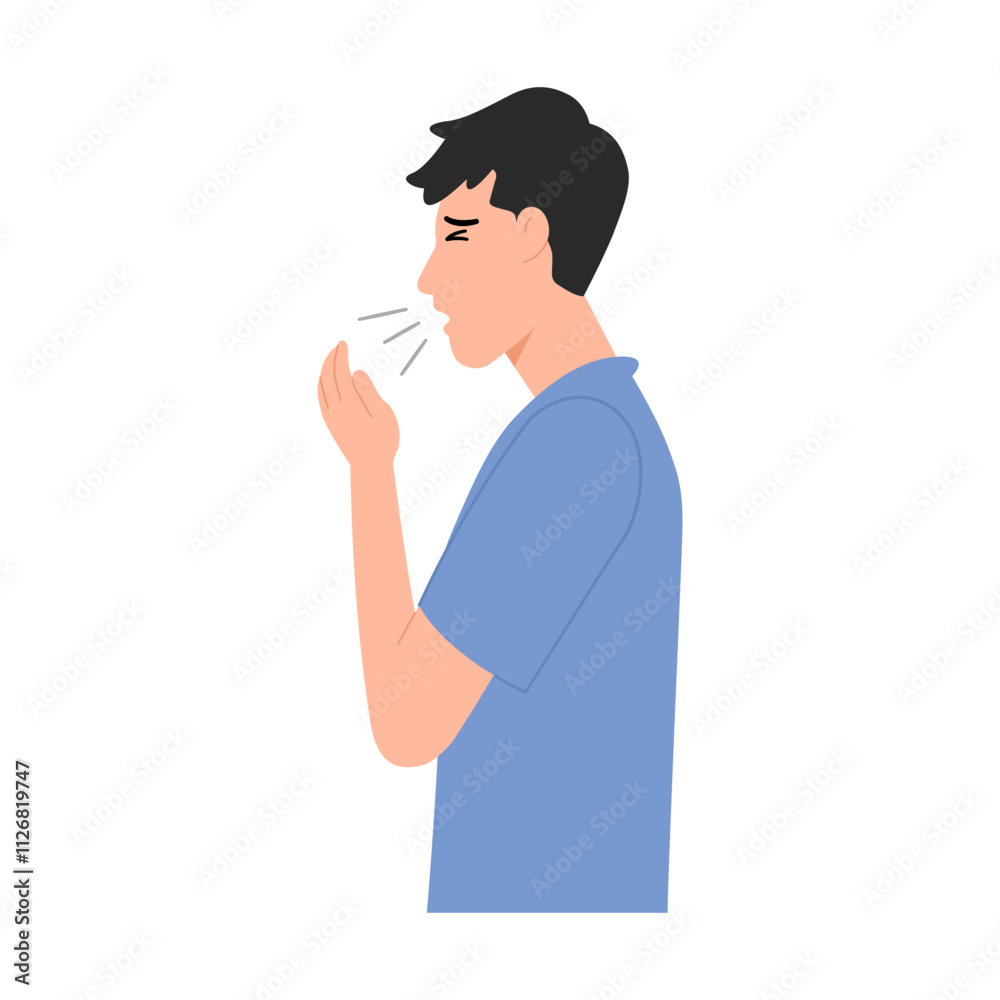 Sick man with asthma, dry cough. Child sneeze spreads virus. Male unwell with fever, flu, allergies, infection. Vector illustration isolated on white background Sick man with asthma, dry cough. Child sneeze spreads virus. Male unwell with fever, flu, allergies, infection. Vector illustration isolated on white background