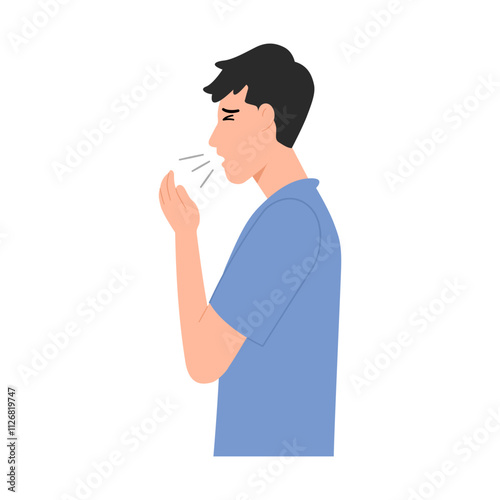 Sick man with asthma, dry cough. Child sneeze spreads virus. Male unwell with fever, flu, allergies, infection. Vector illustration isolated on white background