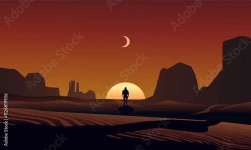 A man walking alone in deserti at sunset