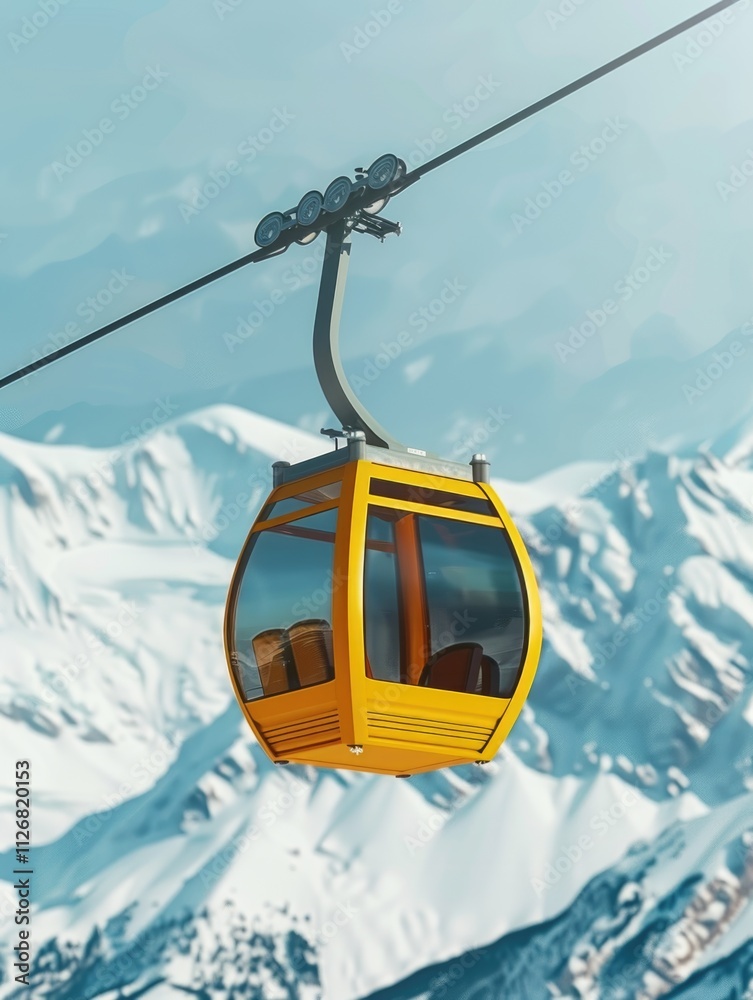 Obraz premium Ski lift with a yellow caboose is suspended in the air above a snowy mountain. The caboose is filled with people and luggage, and the ski lift is moving up the mountain. The scene is lively