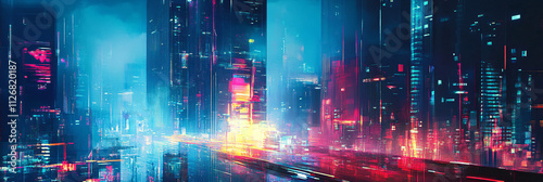 Abstract futuristic cityscape, composed of sharp lines, glowing grids, and geometric buildings. 