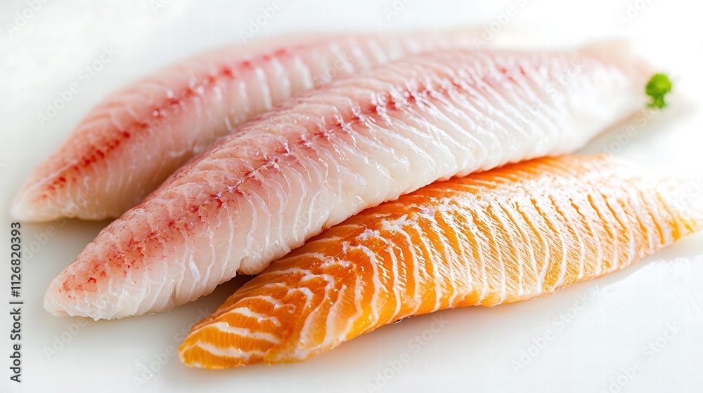 A close-up shot of a freshly cut fish fillet displayed on a bright white background, emphasizing the rich orange and pink hues. The natural sheen of the fishs surface catches the light, creating an A close-up shot of a freshly cut fish fillet displayed on a bright white background, emphasizing the rich orange and pink hues. The natural sheen of the fishs surface catches the light, creating an