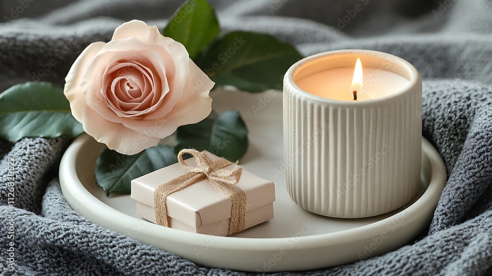 A minimalist tray with a candle, a rose, and a small gift box