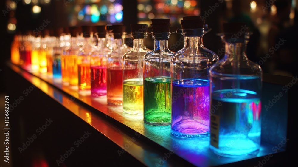 A detailed display of colorful chemical solutions in glass containers glowing under a bright, focused light. A detailed display of colorful chemical solutions in glass containers glowing under a bright, focused light.