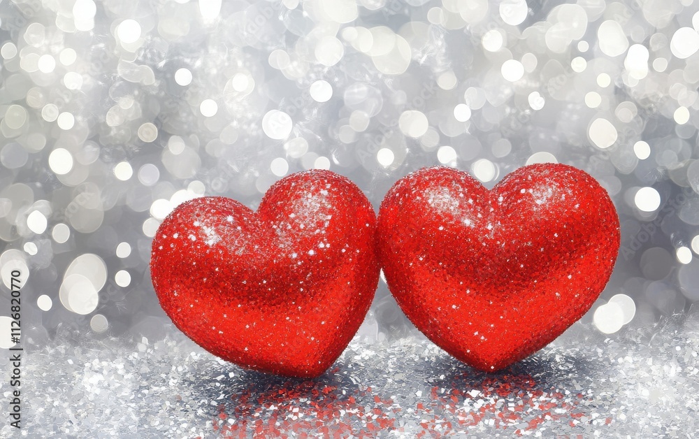 Fototapeta premium Two vibrant red hearts resting on a shimmering silver background adorned with soft white bokeh lights, creating a dreamy and romantic setting perfect for a Valentine's Day card. 