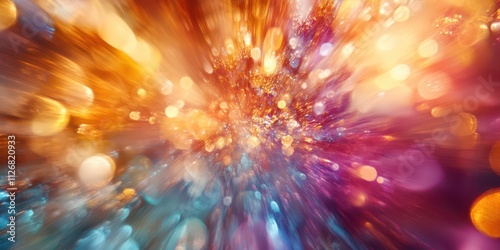 Multicolor pigments burst into glowing patterns above a lively crowd, bright sunlight and vivid hues, space for text.