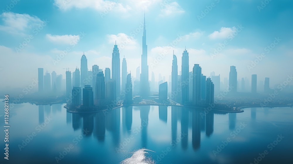 Fototapeta premium Hazy sunrise cityscape skyline reflected in calm water.