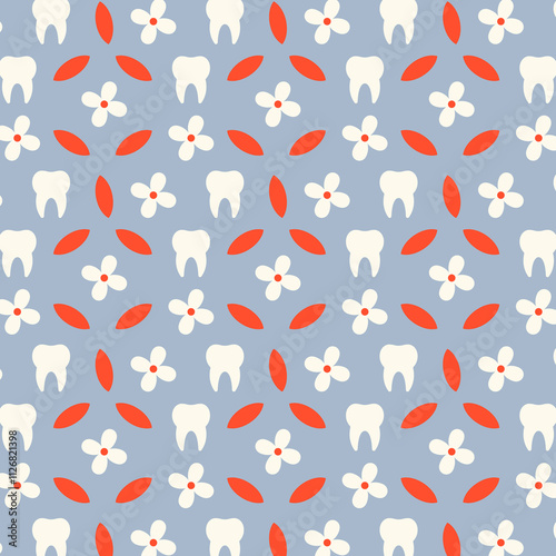 dental pattern teeth mint flowers blue orange illustration