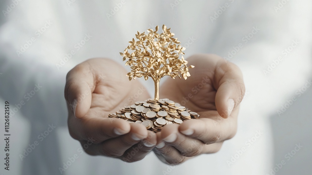 Hands Holding a Flourishing Golden Tree Symbolizing Financial Stability and Growth The image depicts a digital or 3D render of a human hands carefully supporting a thriving tree made of golden bars Hands Holding a Flourishing Golden Tree Symbolizing Financial Stability and Growth The image depicts a digital or 3D render of a human hands carefully supporting a thriving tree made of golden bars