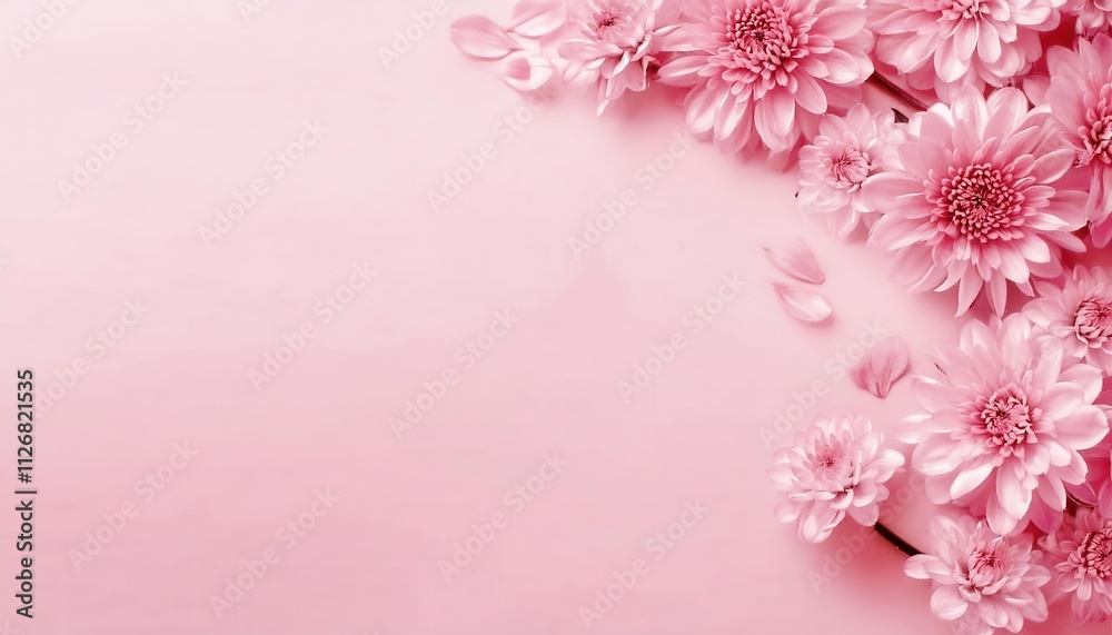 Soft Pink Chrysanthemums with Delicate Buds Arranged on a Minimalistic Pastel Pink Background for Easter Greetings, Valentine’s Day Cards, Mother’s Day Gifts, Spring themed Designs with Copy Space Soft Pink Chrysanthemums with Delicate Buds Arranged on a Minimalistic Pastel Pink Background for Easter Greetings, Valentine’s Day Cards, Mother’s Day Gifts, Spring themed Designs with Copy Space