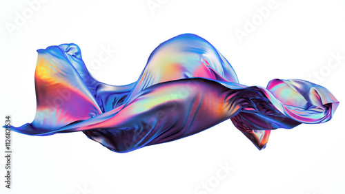 Wallpaper Mural 3d render. Abstract fashion concept of iridescent multicolored drapery floating and waving over a white background. Silk cloth with holographic foil effect is blown by the wind Torontodigital.ca
