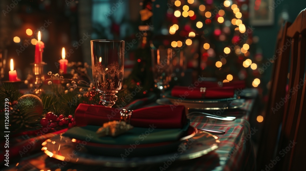 Christmas table setting red green napkin new year family dinner tablecloth glasses new year mood garland lights bokeh red gold spruce branches plate appliances close-up etiquett Christmas table setting red green napkin new year family dinner tablecloth glasses new year mood garland lights bokeh red gold spruce branches plate appliances close-up etiquett