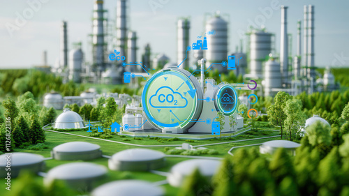 A futuristic eco-friendly industrial complex with green surroundings, featuring structures that promote carbon capture and sustainable practices.