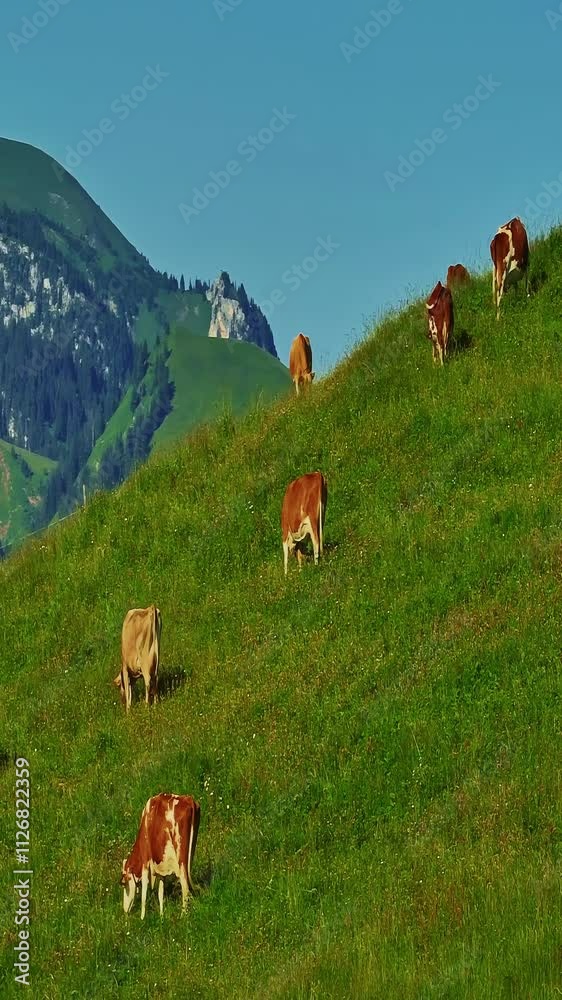 Aerial view of beautiful swiss mountains in summer. Drone view of green meadows near Lucerne. Establishing shot of mountain range in the Swiss Alps Aerial view of beautiful swiss mountains in summer. Drone view of green meadows near Lucerne. Establishing shot of mountain range in the Swiss Alps