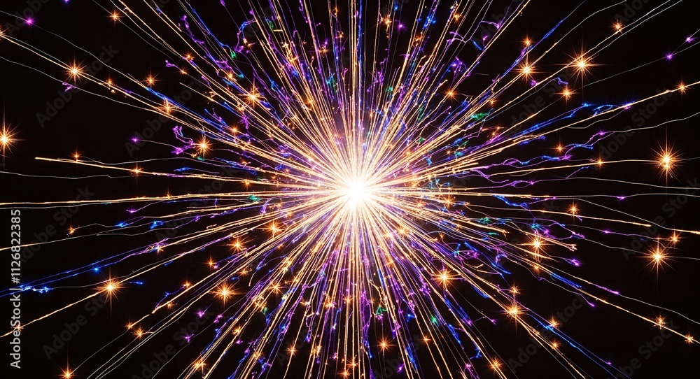 Using multicolor starbursts that explode and spread into complex swirling light patterns Using multicolor starbursts that explode and spread into complex swirling light patterns