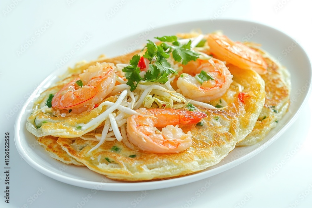 Crisp Vietnamese pancakes (banh xeo) filled with shrimp, pork, and bean sprouts. Crisp Vietnamese pancakes (banh xeo) filled with shrimp, pork, and bean sprouts.