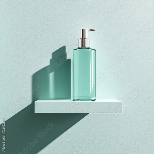 Wallpaper Mural sleek, transparent bottle of liquid on mint green shelf, casting soft shadow Torontodigital.ca