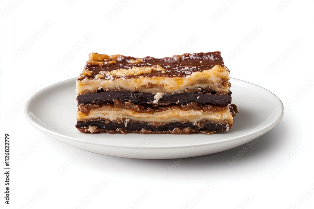 Eggplant lasagna slice served on a white plate, showing layers of eggplant, cheese, and sauce. Eggplant lasagna slice served on a white plate, showing layers of eggplant, cheese, and sauce.