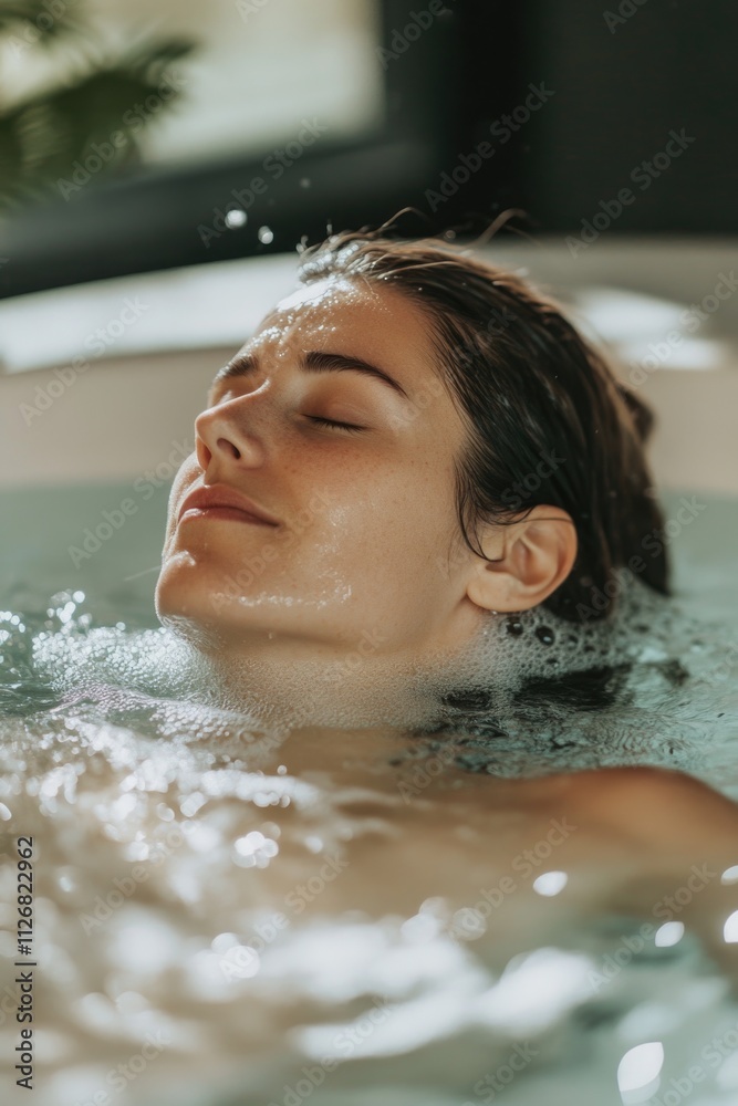 Fototapeta premium Woman is in a bathtub, enjoying the water. She is smiling and she is relaxed