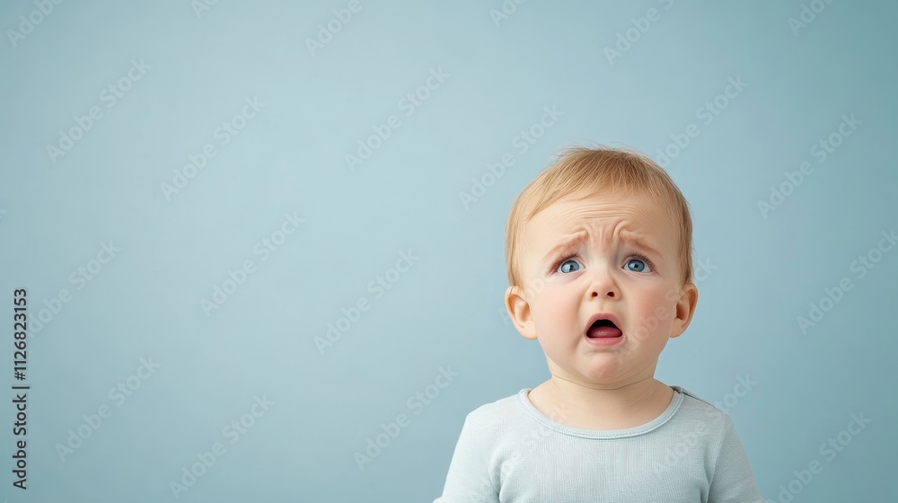 Adorable Baby with Concerned Expression Against a Soft Blue Background, Capturing the Innocence and Emotions of Early Childhood in a Studio Setting Adorable Baby with Concerned Expression Against a Soft Blue Background, Capturing the Innocence and Emotions of Early Childhood in a Studio Setting